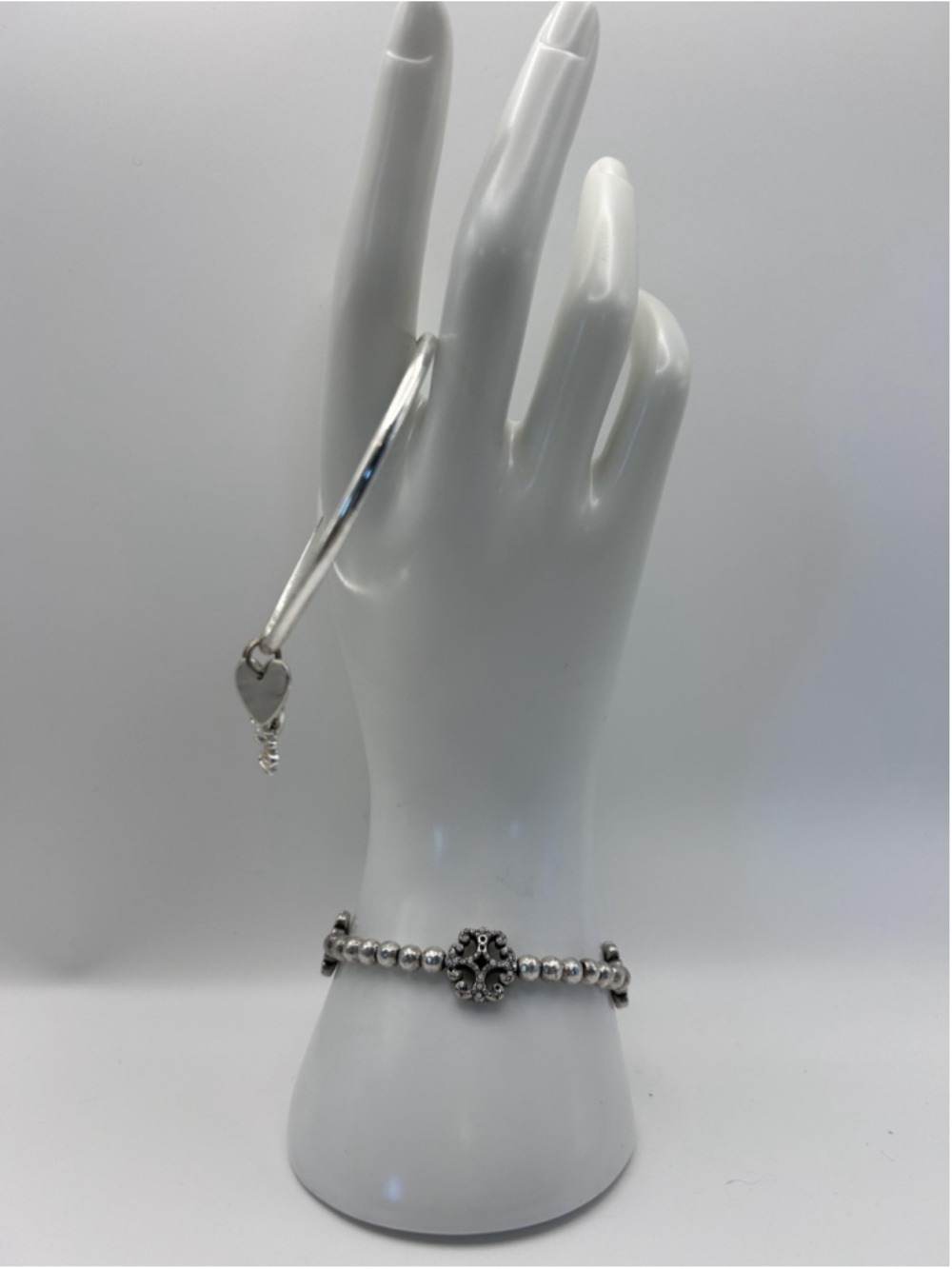Bracelet Set Silver Tone Bangle Beaded Love Charm‎ Rhinestone 8 In Jewelry